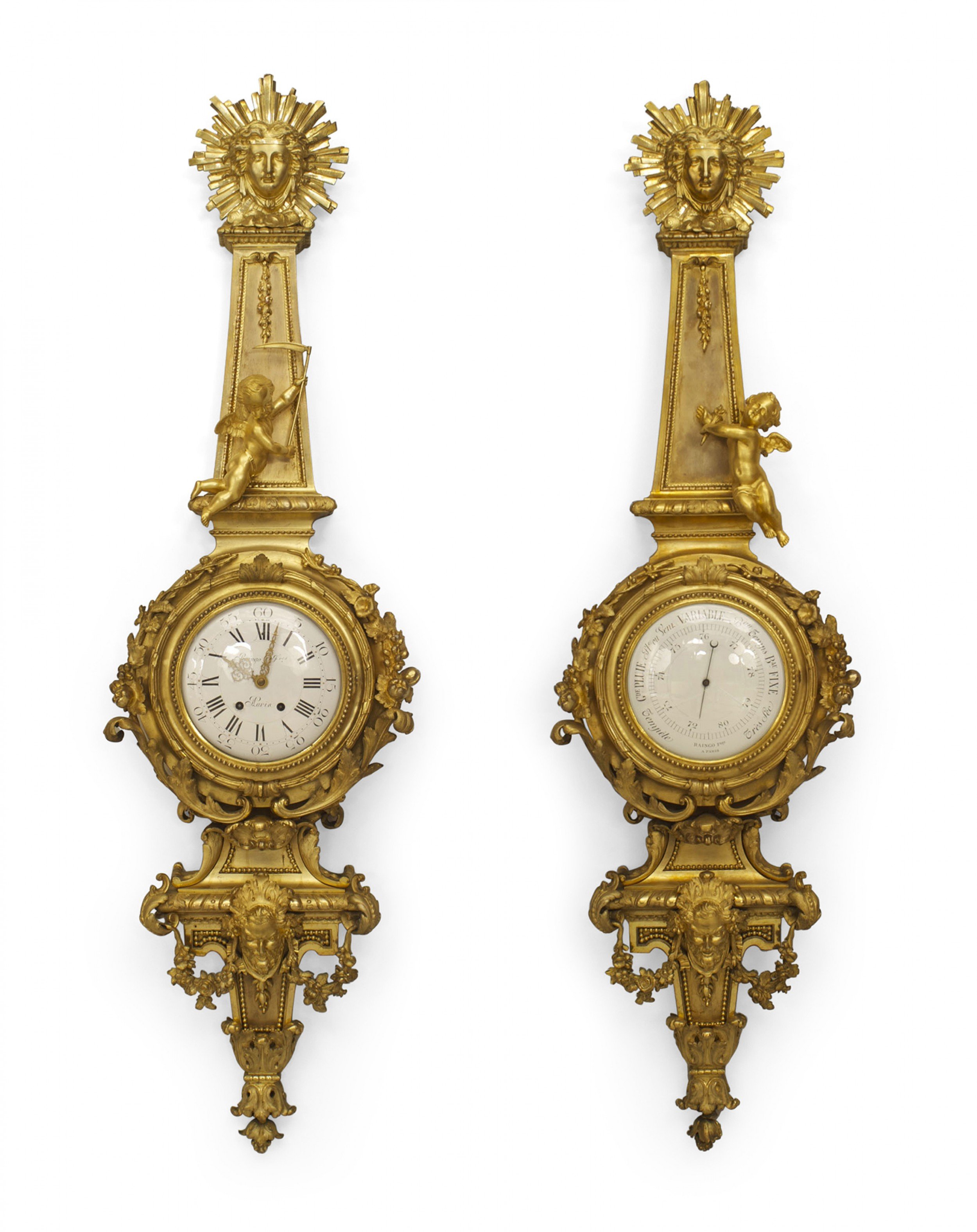 Pair of louis xvi ormulu wall clock barometer